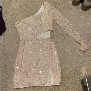 Rose Gold One Sleeve Sequined Mini Dress